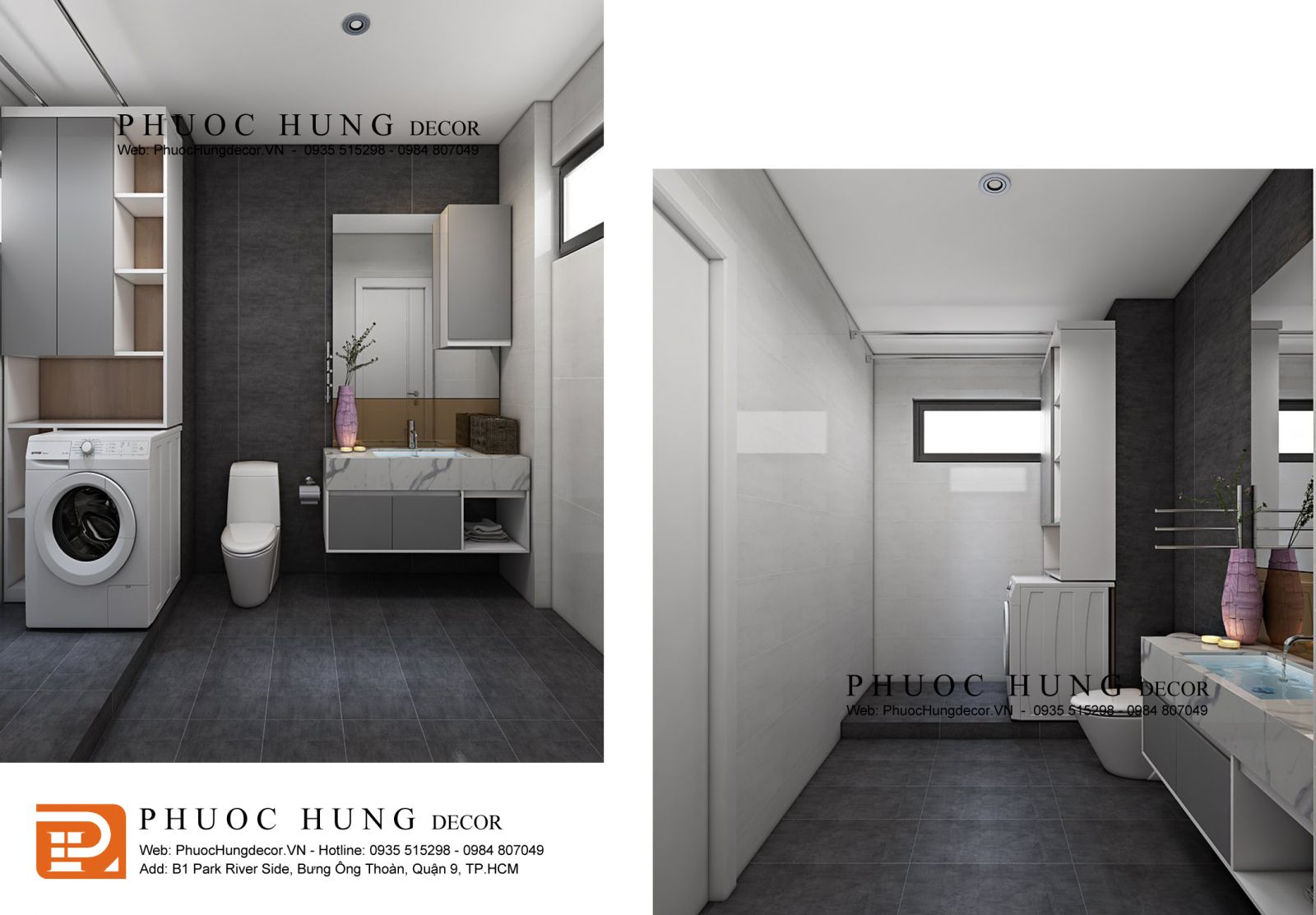 Thiết kế nội thất phòng tắm với gam màu tối đơn giản nhưng sang trọng