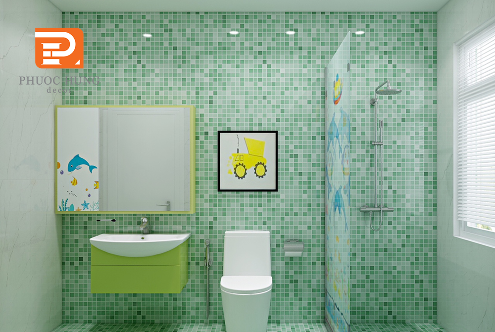 Thiết kế nội thất phòng tắm được trang trí bằng gam màu pastel