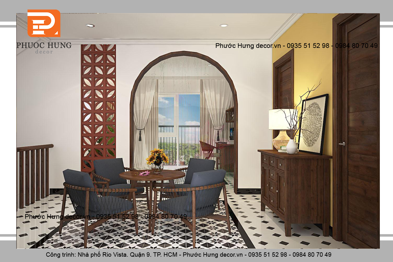 Thiết kế nội thất phòng khách phong cách Đông Dương