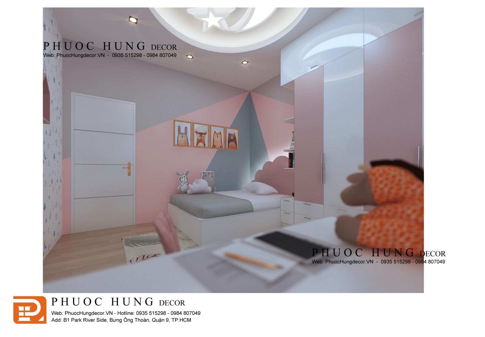 Thiết kế nội thất phòng ngủ màu hồng